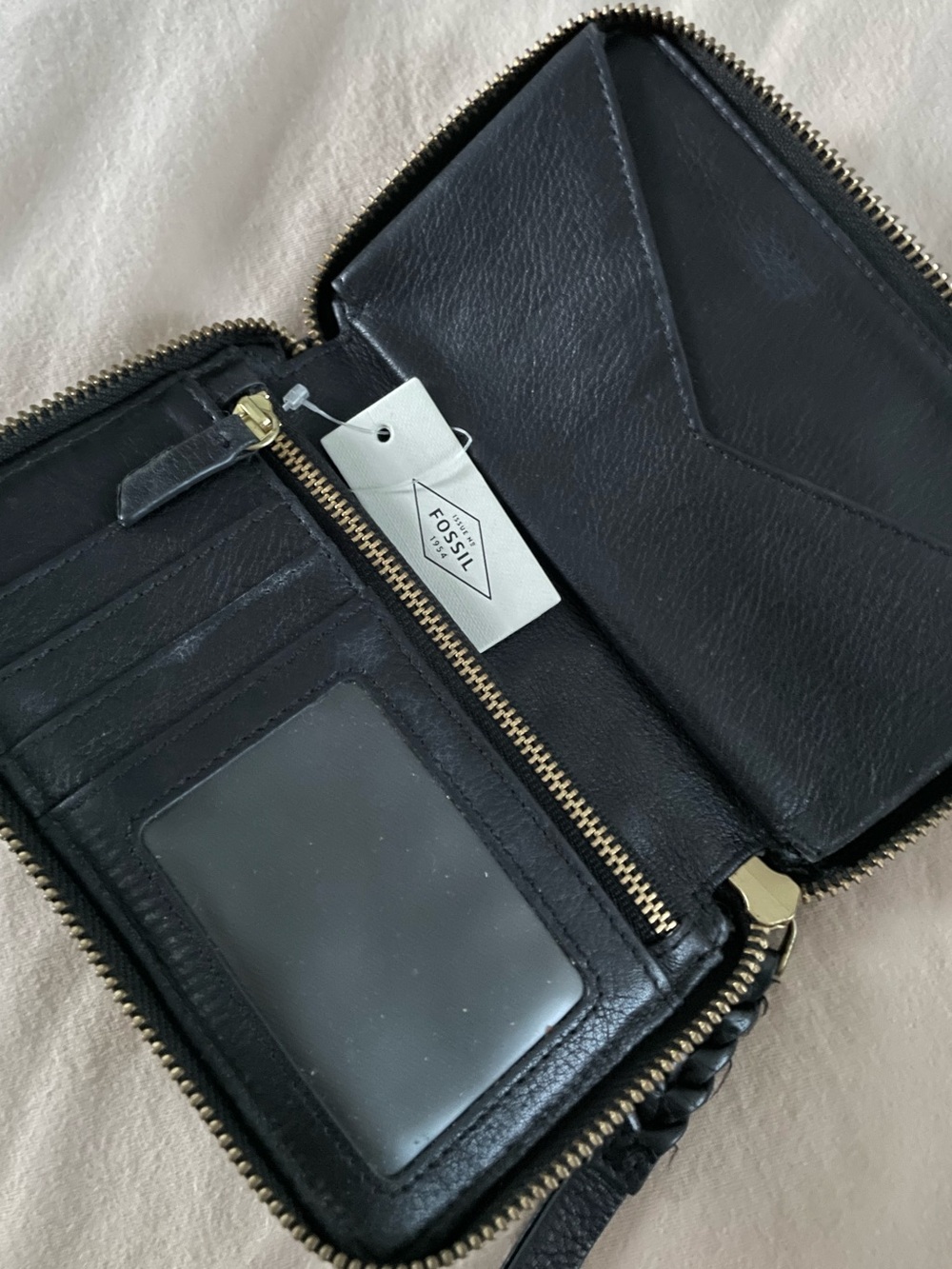 Fossil Black Leather Zip Wallet with Gold Hardware